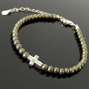 Handmade Adjustable Clasp Bracelet - Men's Women's Cross Jewelry, Prayer with 4mm Gold Pyrite Healing Gemstones, Genuine S925 Sterling Silver Beads, Chain (Non-Plated) BR1814