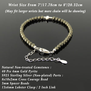Handmade Adjustable Clasp Bracelet - Men's Women's Cross Jewelry, Prayer with 4mm Gold Pyrite Healing Gemstones, Genuine S925 Sterling Silver Beads, Chain (Non-Plated) BR1814