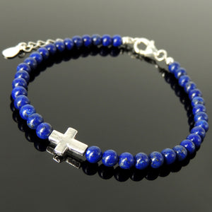 4mm Lapis Lazuli Gemstones with Small Prayer Cross for Courage & Prayer, Men's Women's Religious Jewelry, Handmade Adjustable Chain Bracelet, Genuine Non-Plated Sterling Silver 925 Purity Guaranteed Nickel and Lead Free Hypoallergenic Jewelry