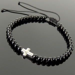 Handmade Adjustable Braided Bracelet - Men's Women's Cross Jewelry, Protection, Courage with 4mm Bright Black Onyx Healing Gemstones, Genuine Non-Plated 925 Sterling Silver Beads BR1816