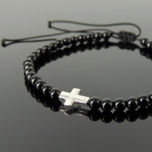 Handmade Adjustable Braided Bracelet - Men's Women's Cross Jewelry, Protection, Courage with 4mm Bright Black Onyx Healing Gemstones, Genuine Non-Plated 925 Sterling Silver Beads BR1816