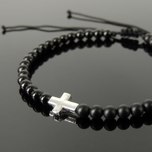 Handmade Adjustable Braided Bracelet - Men's Women's Cross Jewelry, Protection, Courage with 4mm Bright Black Onyx & Matte Black Onyx Healing Gemstones, Genuine Non-Plated 925 Sterling Silver Beads BR1817