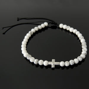 Handmade Adjustable Braided Bracelet - Men's Women's Cross Jewelry, Protection, Courage with 4mm White Howlite Healing Gemstones, Genuine Non-Plated 925 Sterling Silver Beads BR1818