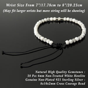 Handmade Adjustable Braided Bracelet - Men's Women's Cross Jewelry, Protection, Courage with 4mm White Howlite Healing Gemstones, Genuine Non-Plated 925 Sterling Silver Beads BR1818
