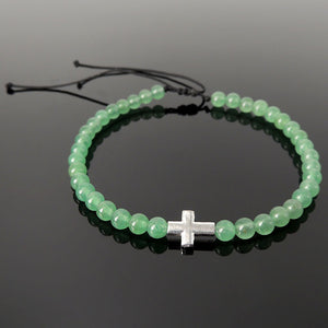 Handmade Adjustable Braided Bracelet - Men's Women's Cross Jewelry, Protection, Courage with 4mm Aventurine Quartz Healing Crystal, Genuine Non-Plated 925 Sterling Silver Beads BR1819