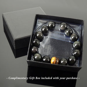 Handmade Adjustable Braided Bracelet - Men's Women's Custom Jewelry, Protection, Compassion with 14mm Rainbow Black Obsidian, Brown Tiger Eye Healing Gemstones BR1820