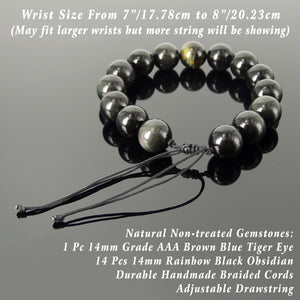 Handmade Adjustable Braided Bracelet - Men's Women's Custom Jewelry, Protection, Compassion with 14mm Rainbow Black Obsidian, Grade AAA Brown Blue Tiger Eye Healing Gemstones BR1822