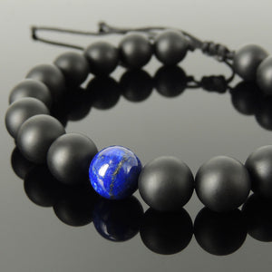 Handmade Adjustable Braided Bracelet - Men's Women's Custom Jewelry, Protection, Compassion with 10mm Lapis Lazuli, Matte Black Onyx Healing Gemstones BR1823
