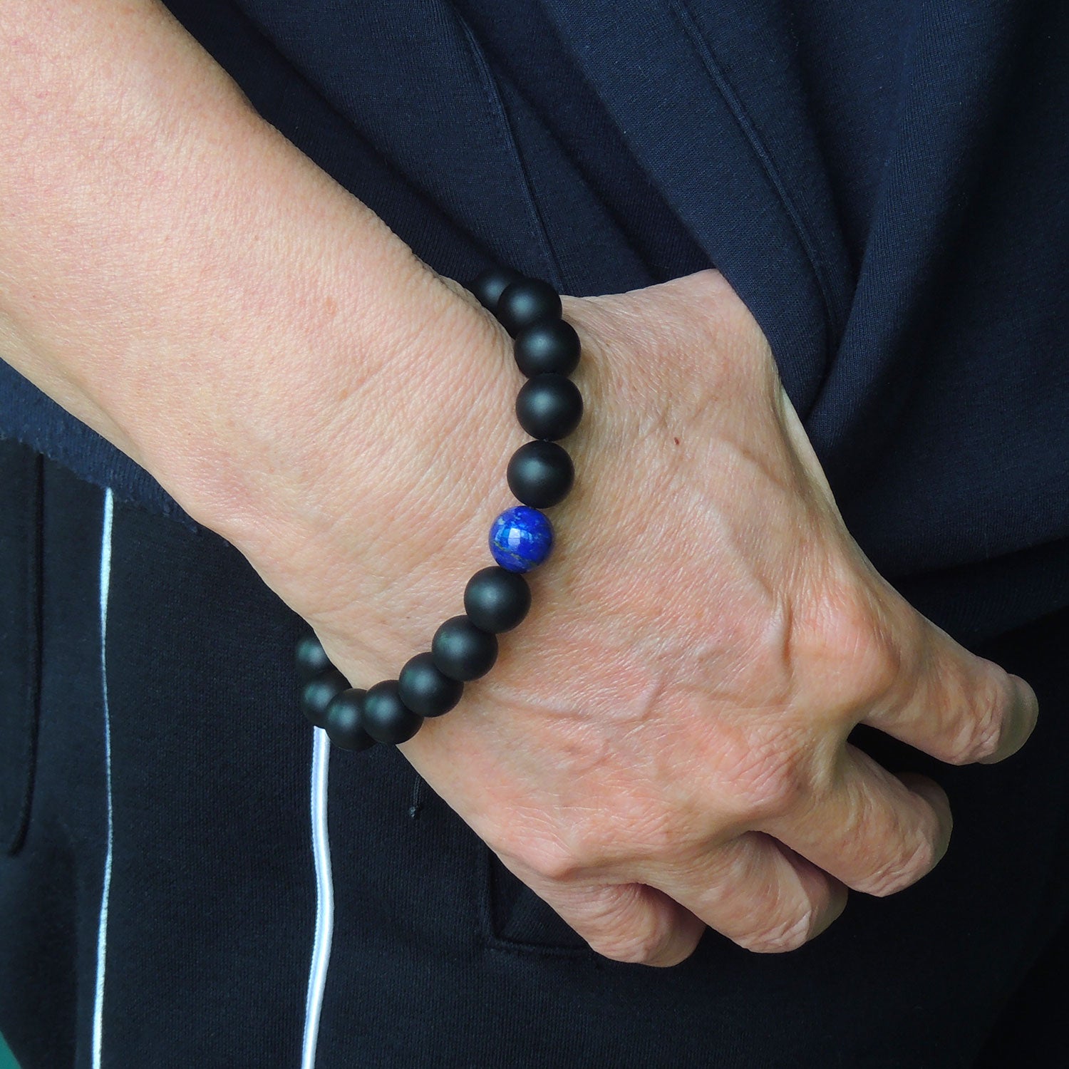 Handmade Adjustable Braided Bracelet - Men's Women's Custom Jewelry, Protection, Compassion with 10mm Lapis Lazuli, Matte Black Onyx Healing Gemstones BR1823
