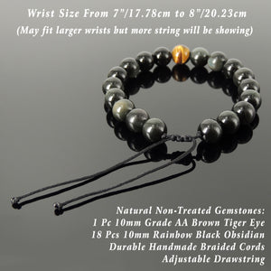 Handmade Adjustable Braided Bracelet - Men's Women's Custom Jewelry, Protection, Compassion with 10mm Rainbow Black Obsidian, Grade AA Brown Tiger Eye Healing Gemstones BR1824