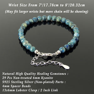 Handmade Adjustable Clasp Meditation Bracelet - Men's Women's Custom Jewelry with 6mm Kyanite Healing Gemstones, Multicolor Crystals, Genuine S925 Sterling Silver Parts (Non-Plated) BR1827