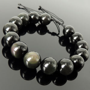 Handmade Adjustable Braided Bracelet - Men's Women's Yoga, Protection, Compassion with 14mm Rainbow Black Obsidian Healing Gemstones BR1828