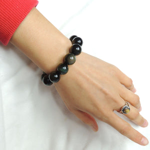 Handmade Adjustable Braided Bracelet - Men's Women's Yoga, Protection, Compassion with 14mm Rainbow Black Obsidian Healing Gemstones BR1828