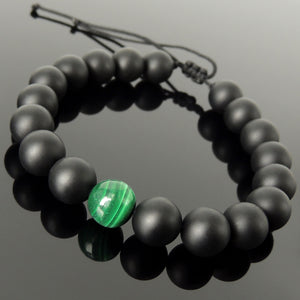 Handmade Jewelry Healing Yoga Gemstone Bracelet, Men's Women's Yoga, Meditation, Protection with Malachite, Matte Black Onyx 10mm Beads, Adjustable Braided Cords BR1832