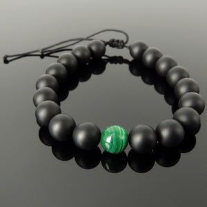Handmade Jewelry Healing Yoga Gemstone Bracelet, Men's Women's Yoga, Meditation, Protection with Malachite, Matte Black Onyx 10mm Beads, Adjustable Braided Cords BR1832