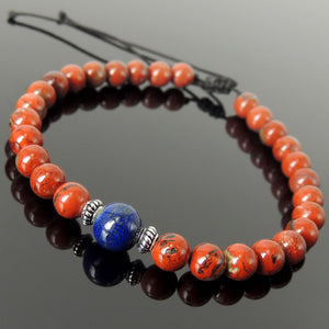 Handmade Yoga Jewelry Adjustable Braided Bracelet - Men's Women's Compassion, Protection with Natural Healing Gemstones Red Jasper, Lapis Lazuli, Genuine Non-Plated Sterling Silver BR1834
