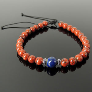 Handmade Yoga Jewelry Adjustable Braided Bracelet - Men's Tai Chi Women's Compassion, Protection with Natural Healing Gemstones Red Jasper, Lapis Lazuli, Genuine Non-Plated Sterling Silver BR1834
