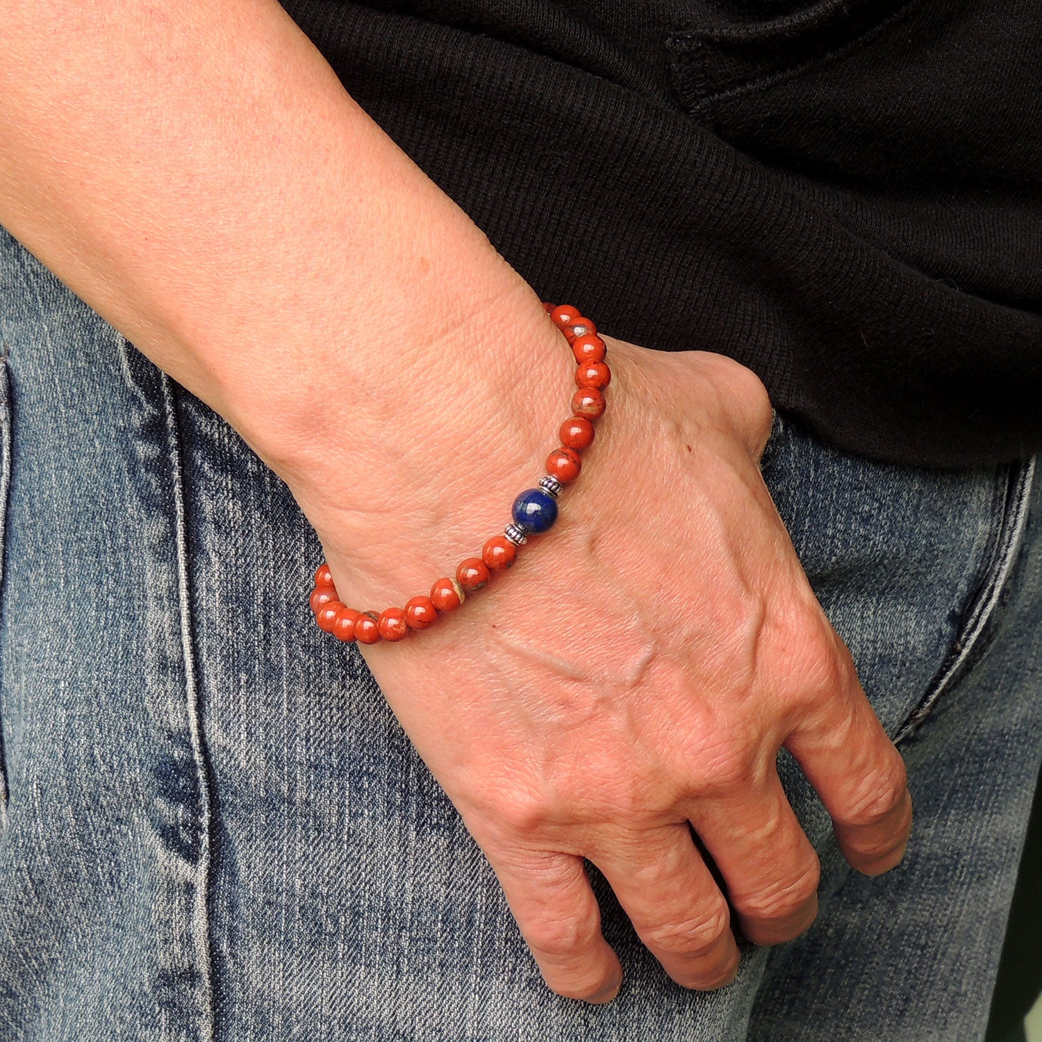 Handmade Yoga Jewelry Adjustable Braided Bracelet - Men's Women's Compassion, Protection with Natural Healing Gemstones Red Jasper, Lapis Lazuli, Genuine Non-Plated Sterling Silver BR1834
