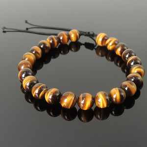 Handmade Yoga Jewelry Healing Gemstone Bracelet - Men's Women's Meditation, Protection with Grade AAA Brown Tiger Eye 8mm Beads, Adjustable Braided Cords BR1835