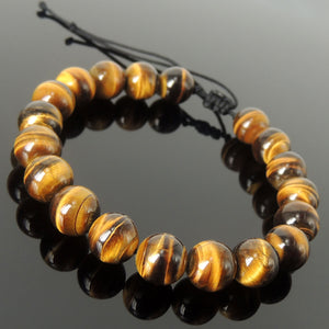 Handmade Yoga Jewelry Healing Gemstone Bracelet - Men's Women's Meditation, Protection with Grade AA Brown Tiger Eye 10mm Beads, Adjustable Braided Cords BR1836