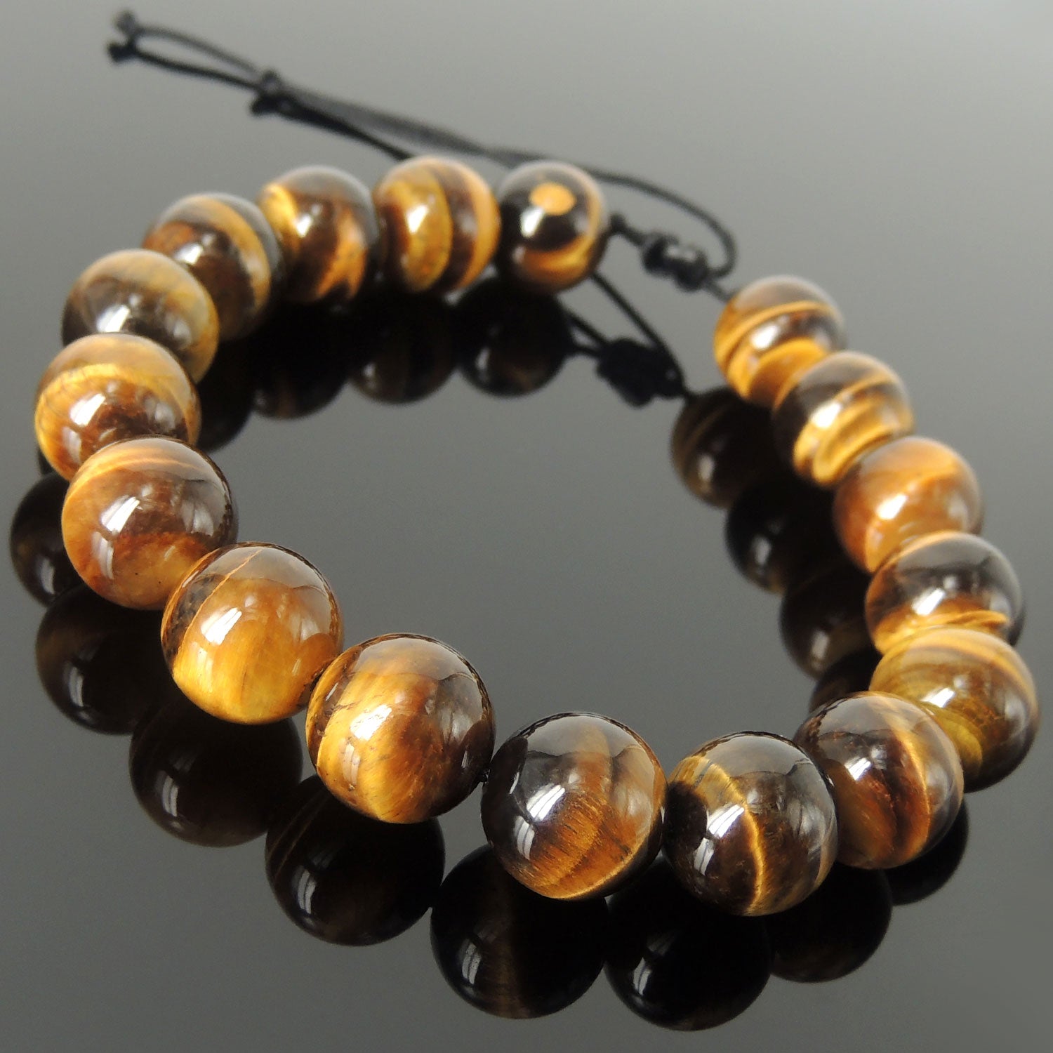Handmade Yoga Jewelry Healing Gemstone Bracelet - Men's Women's Meditation, Security with Grade AA Brown Tiger Eye 12mm Beads, Adjustable Braided Cords BR1837