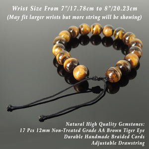 Handmade Yoga Jewelry Healing Gemstone Bracelet - Men's Women's Meditation, Security with Grade AA Brown Tiger Eye 12mm Beads, Adjustable Braided Cords BR1837
