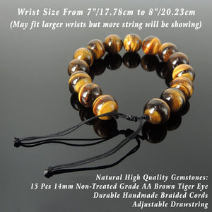 Handmade Yoga Jewelry Healing Gemstone Bracelet - Men's Women's Meditation, Security with Grade AA Brown Tiger Eye 14mm Large Beads, Adjustable Braided Cords BR1838