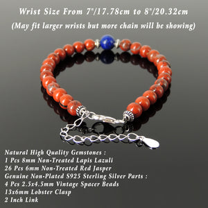 Handmade Adjustable Clasp Meditation Bracelet - Men's Women's Yoga Jewelry with Red Jasper, Lapis Lazuli Healing Gemstones, Genuine S925 Sterling Silver Parts (Non-Plated) BR1840