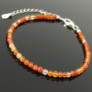Handmade Adjustable Clasp Meditation Bracelet - Men's Women's Yoga Jewelry with 3mm Carnelian Multicolor Healing Gemstones, Genuine S925 Sterling Silver Parts (Non-Plated) BR1841