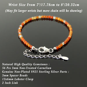 Handmade Adjustable Clasp Meditation Bracelet - Men's Women's Yoga Jewelry with 3mm Carnelian Multicolor Healing Gemstones, Genuine S925 Sterling Silver Parts (Non-Plated) BR1841