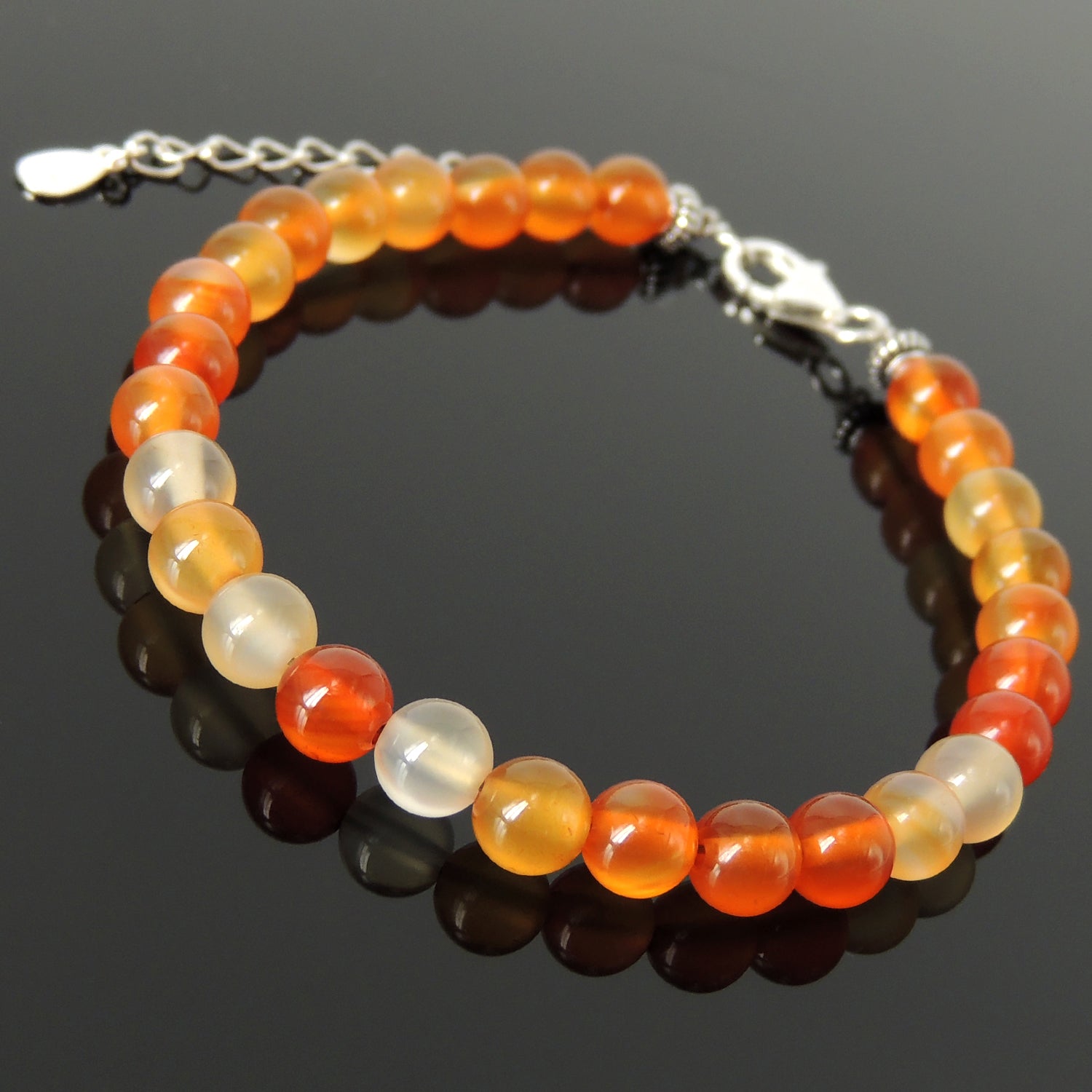 Handmade Adjustable Clasp Meditation Bracelet - Men's Women's Yoga Jewelry with 6mm Carnelian Multicolor Healing Gemstones, Genuine S925 Sterling Silver Parts (Non-Plated) BR1842