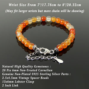 Handmade Adjustable Clasp Meditation Bracelet - Men's Women's Yoga Jewelry with 6mm Carnelian Multicolor Healing Gemstones, Genuine S925 Sterling Silver Parts (Non-Plated) BR1842