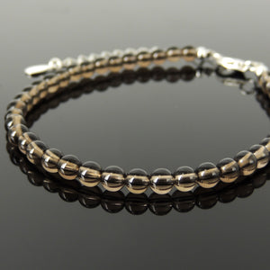 Handmade Adjustable Chain Bracelet - Men's Women's Yoga Jewelry with 4.2mm Smoky Quartz Healing Crystals, Genuine S925 Sterling Silver Parts (Non-Plated) BR1844