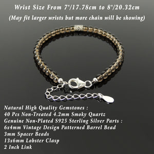 Handmade Adjustable Chain Bracelet - Vintage Inspired Men's Women's Yoga Jewelry with 4.2mm Smoky Quartz Healing Crystals, Genuine S925 Sterling Silver Parts (Non-Plated) BR1845