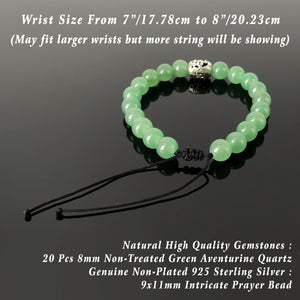 Handmade Jewelry Adjustable Braided Bracelet - Men's Women's Catholic Prayer Bead, Compassion, Protection with Natural Healing Gemstones Green Aventurine Quartz, Genuine Non-Plated Sterling Silver BR1850