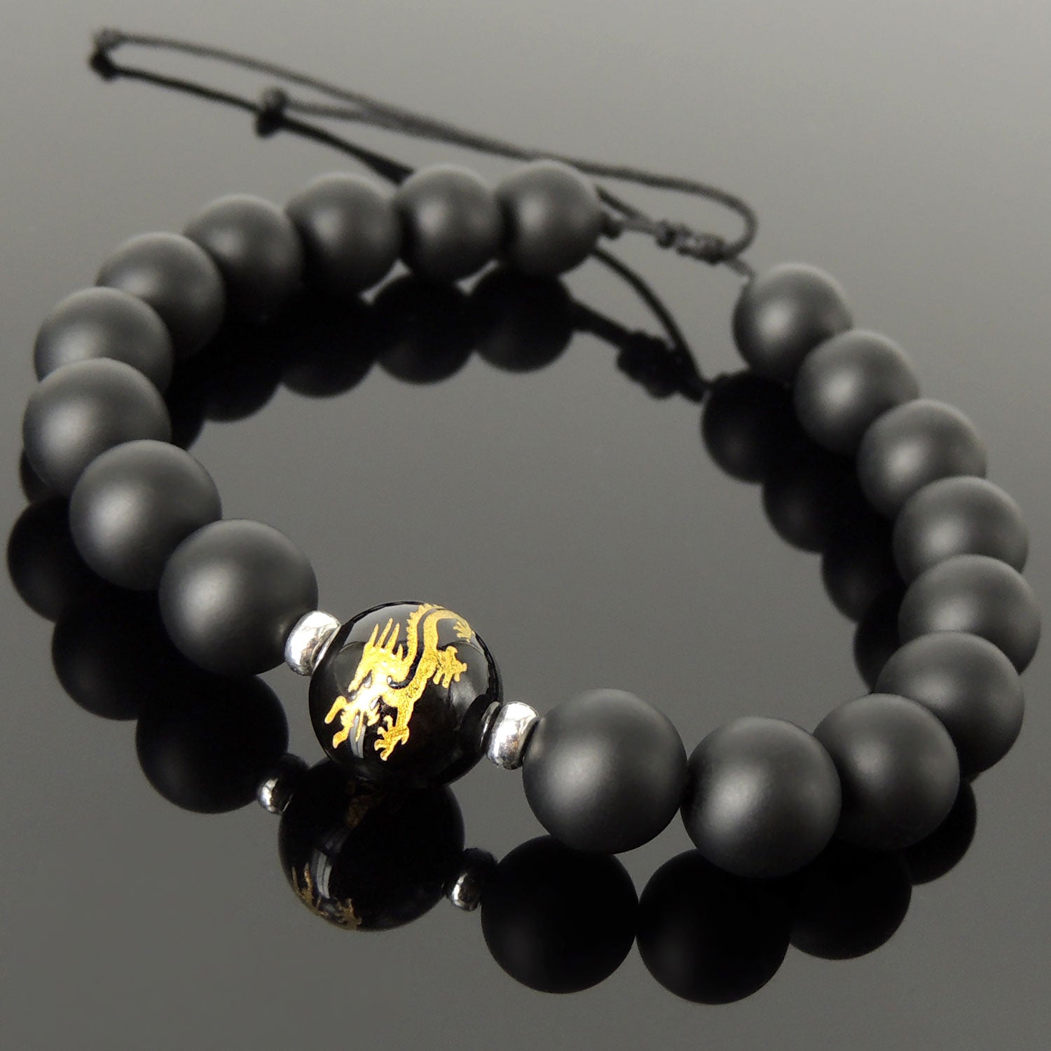 Handmade Jewelry Adjustable Braided Bracelet - Men's Women's Tai Chi, Compassion, Protection with Natural Healing Gemstones Black Onyx, Gold Hot Stamps Dragon & Cloud Strength Symbols, Genuine Non-Plated Sterling Silver BR1851