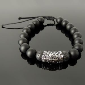 Handmade Jewelry Adjustable Braided Bracelet - Men's Women's Tai Chi, Meditation, Compassion, Protection with 10mm Beads, Natural Healing Gemstones Black Onyx, Natural Lava Rock, Genuine Non-Plated Sterling Silver BR1852