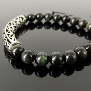 Handmade Jewelry Adjustable Braided Bracelet - Men's Women's Tai Chi, Meditation, Compassion, Protection with 8mm Beads, Rainbow Black Obsidian Natural Healing Gemstones Genuine Non-Plated Sterling Silver Soothing Lotus Charm BR1854
