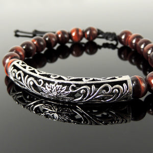 Handmade Adjustable Braided Bracelet - High Grade AAA Red Tiger Eye Natural Healing Gemstones, Men's Women's Tai Chi, Meditation, Enlightenment, Protection with 8mm Beads, Genuine 925 Non-Plated Sterling Silver BR1856