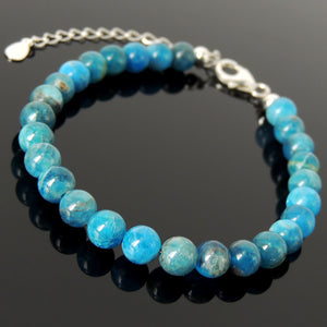 Handmade Adjustable Meditation & Energy Purifier Bracelet - 6mm Apatite Healing Crystals, Men's Women's Yoga, Compassion with Genuine S925 Sterling Silver Beads, Chain, Clasp (Non-Plated) BR1859