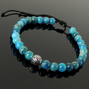 Natural Healing Apatite Crystals, Handmade Adjustable Meditation & Energy Purifier Bracelet - Men's Women's Tai Chi, Meditation, Enlightenment, Protection with 6mm Beads, Genuine Non-Plated Sterling Silver Stone Pattern Bead BR1861
