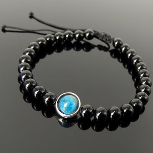 Minimal Saturn Ring Swivel Loop Natural Healing Bright Glossy Black Onyx, Apatite Gemstones, Handmade Braided Adjustable Meditation Bracelet - Men's Women's Tai Chi, Meditation, Enlightenment, Protection with Genuine Non-Plated Sterling Silver 925 Purity