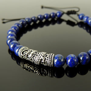 Elegant High Quality Lapis Lazuli Gemstones with Japanese Dragon Charm, Minimalist Design, Symbol of Strength, Protection, Intellect, Handmade braided bracelet, Use with Chakra Meditation to increase your Energy flow, Stability, Courage, Love, Spirituality, Gemstone Jewelry for Men’s Women’s Prayer, Healing, Yoga, Mindfulness - VIntage Design, 6mm Beads, Adjustable Drawstring Cords, Non-plated Sterling Silver S925, Includes FREE Gift Box, Sterling Silver Jewelry Polishing Cloth