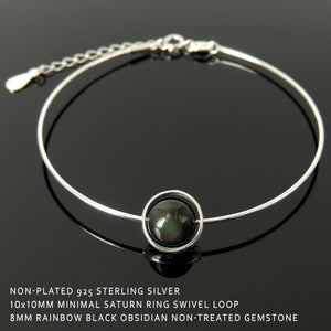 Elegant Rainbow Black Obsidian Healing Crystal Gemstone, Handmade Adjustable Wire Bracelet, Planet Saturn Ring Swivel Loop, Nickel & Lead Free Sterling Silver Parts Made in Italy