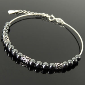 Elegant Hematite Healing Gemstone Vintage Boho Style Barrel Beads 4mm Small Beads Handmade Adjustable Chain Link Bracelet, Nickel & Lead Free Wire Sterling Silver Parts Made in Italy