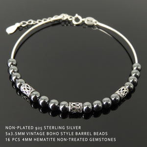 Elegant Hematite Healing Gemstone Vintage Boho Style Barrel Beads 4mm Small Beads Handmade Adjustable Chain Link Bracelet, Nickel & Lead Free Wire Sterling Silver Parts Made in Italy