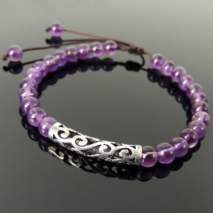 Natural Amethyst Gemstone Bracelet Tahitian Inspired Carved Hawaiian Ocean Wave Charm February Birthstone Beads Handmade and Braided with Easily Adjustable Durable Brown Cords Genuine 925 Sterling Silver