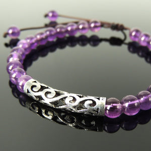 Natural Amethyst Gemstone Bracelet Tahitian Inspired Carved Hawaiian Ocean Wave Charm February Birthstone Beads Handmade and Braided with Easily Adjustable Durable Brown Cords Genuine 925 Sterling Silver