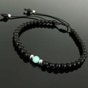 Natural Healing Gemstone Bracelet - Matte Black Onyx, Natural Untreated Turquoise, Handmade & Braided with Easily Adjustable Durable Cords for Multiple Sizes, Genuine 925 Sterling Silver