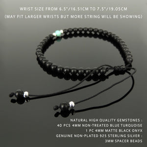 Natural Healing Gemstone Bracelet - Matte Black Onyx, Natural Untreated Turquoise, Handmade & Braided with Easily Adjustable Durable Cords for Multiple Sizes, Genuine 925 Sterling Silver